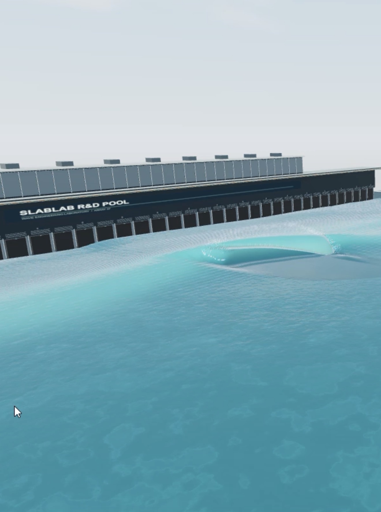 SlabLab wave-pool simulation showing a turquoise barrel forming in front of the generator wall